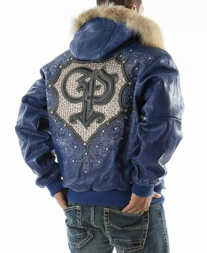 Pelle Pelle Blue PP Crest Fur Hood Leather Jacket