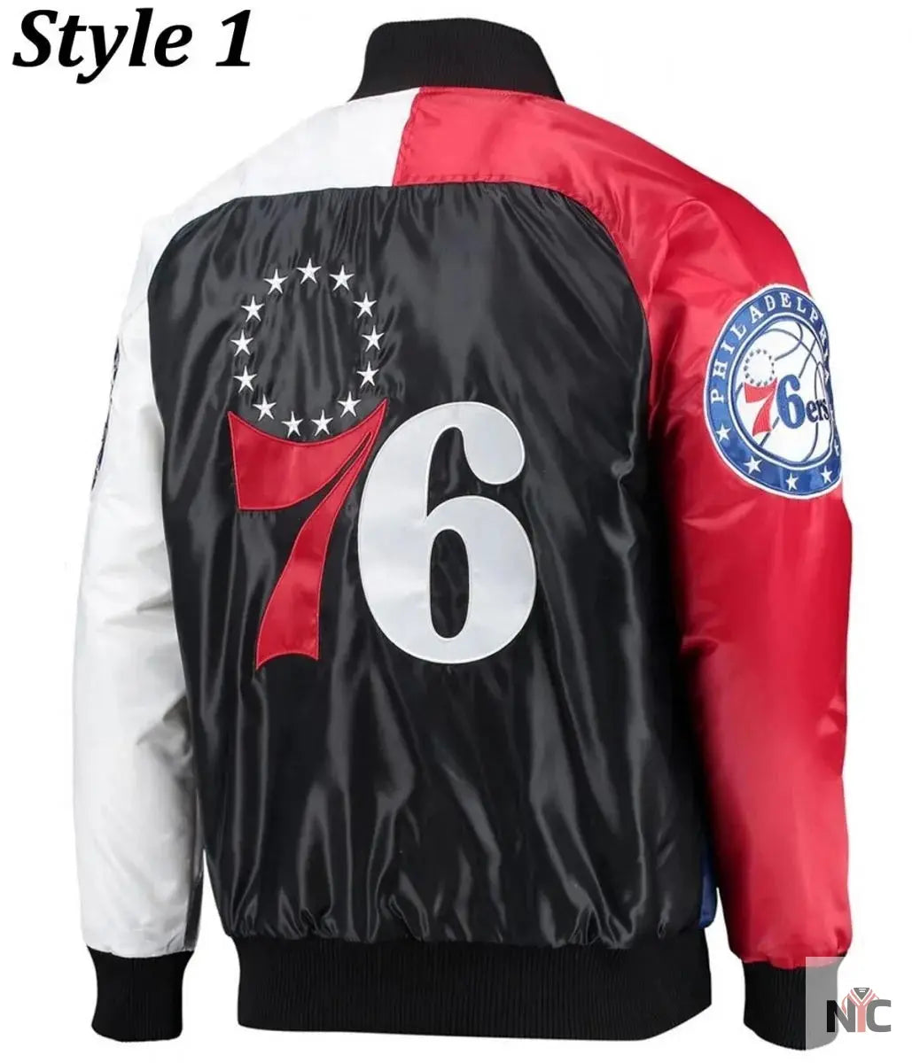 Philadelphia 76ers Red and Royal Varsity Satin Jacket Clanton Jacket