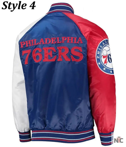 Philadelphia 76ers Red and Royal Varsity Satin Jacket Clanton Jacket