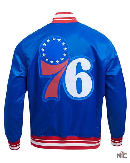 Philadelphia 76ers Script Tail Royal Satin Jacket Clanton Jacket