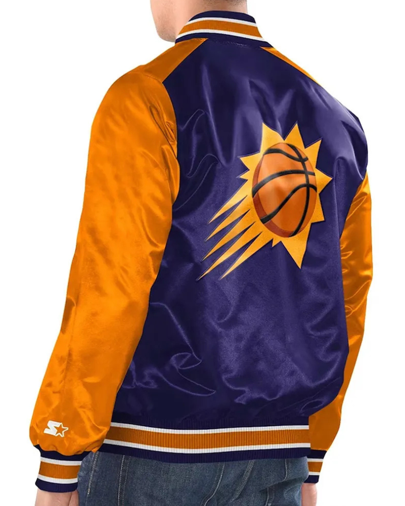 Purple Orange Phoenix Suns Renegade Varsity Satin Jacket - back view
