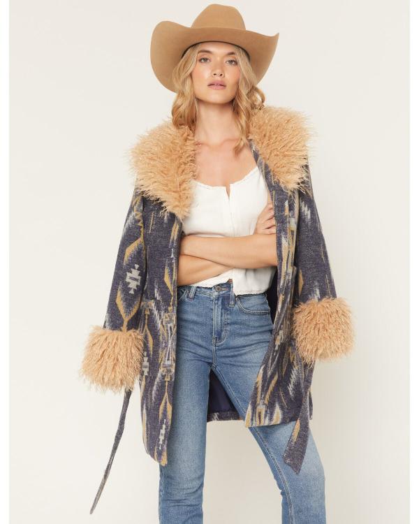 Kamaia Fairburn Heartland Season 20 Blue Aztec Print Fur Trim Coat - front view