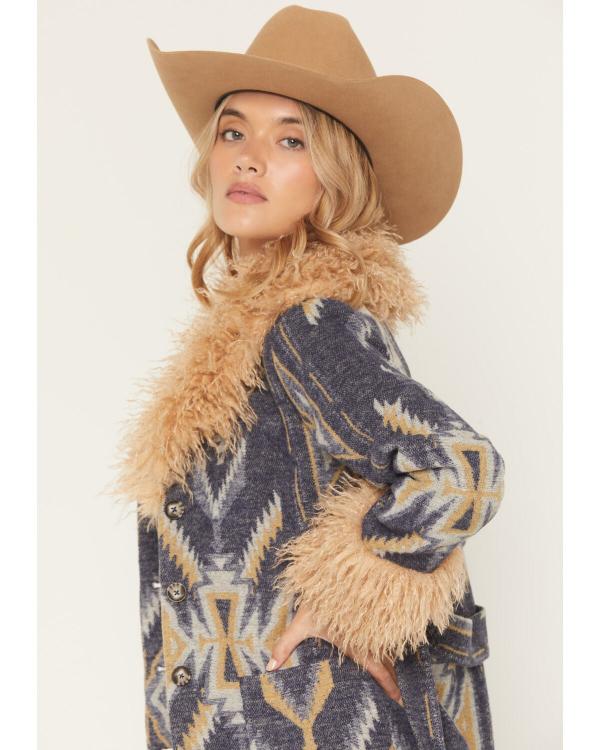 Kamaia Fairburn Heartland Season 20 Blue Aztec Print Fur Trim Coat - side view