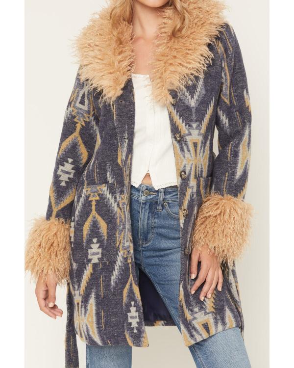 Kamaia Fairburn Heartland Season 20 Blue Aztec Print Fur Trim Coat - back view