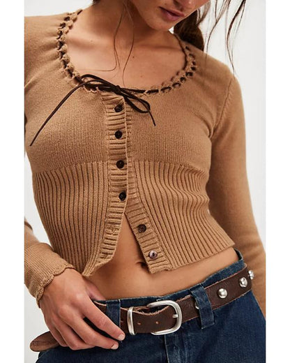 Kamaia Fairburn Heartland Season 20 Brown Bow Knit Cardigan - front view