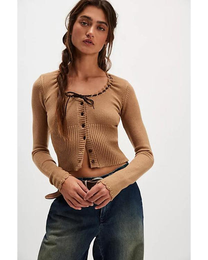 Kamaia Fairburn Heartland Season 20 Brown Bow Knit Cardigan - side view