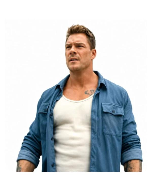 Runner 2026 Alan Ritchson Blue Shirt