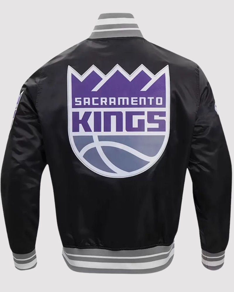 Sacramento Kings Script Tail Black Varsity Satin Jacket - back view