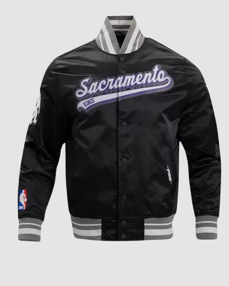 Sacramento Kings Script Tail Black Varsity Satin Jacket