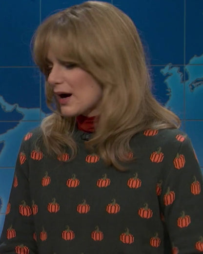 Ashley Padilla SNL Season 52 Green Pumpkin Knit Sweater