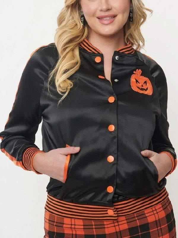 Scream Queen Halloween Pumpkin Black Bomber Jacket