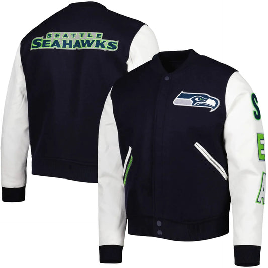 Seattle Seahawks Logo Navy and White Varsity Jacket