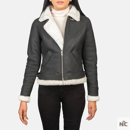 Sherilyn B-3 Black & White Leather Bomber Jacket Clanton Jacket