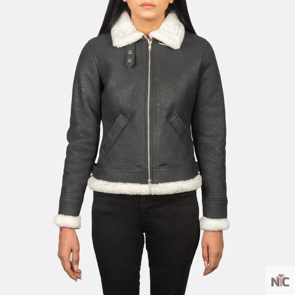 Sherilyn B-3 Black & White Leather Bomber Jacket Clanton Jacket