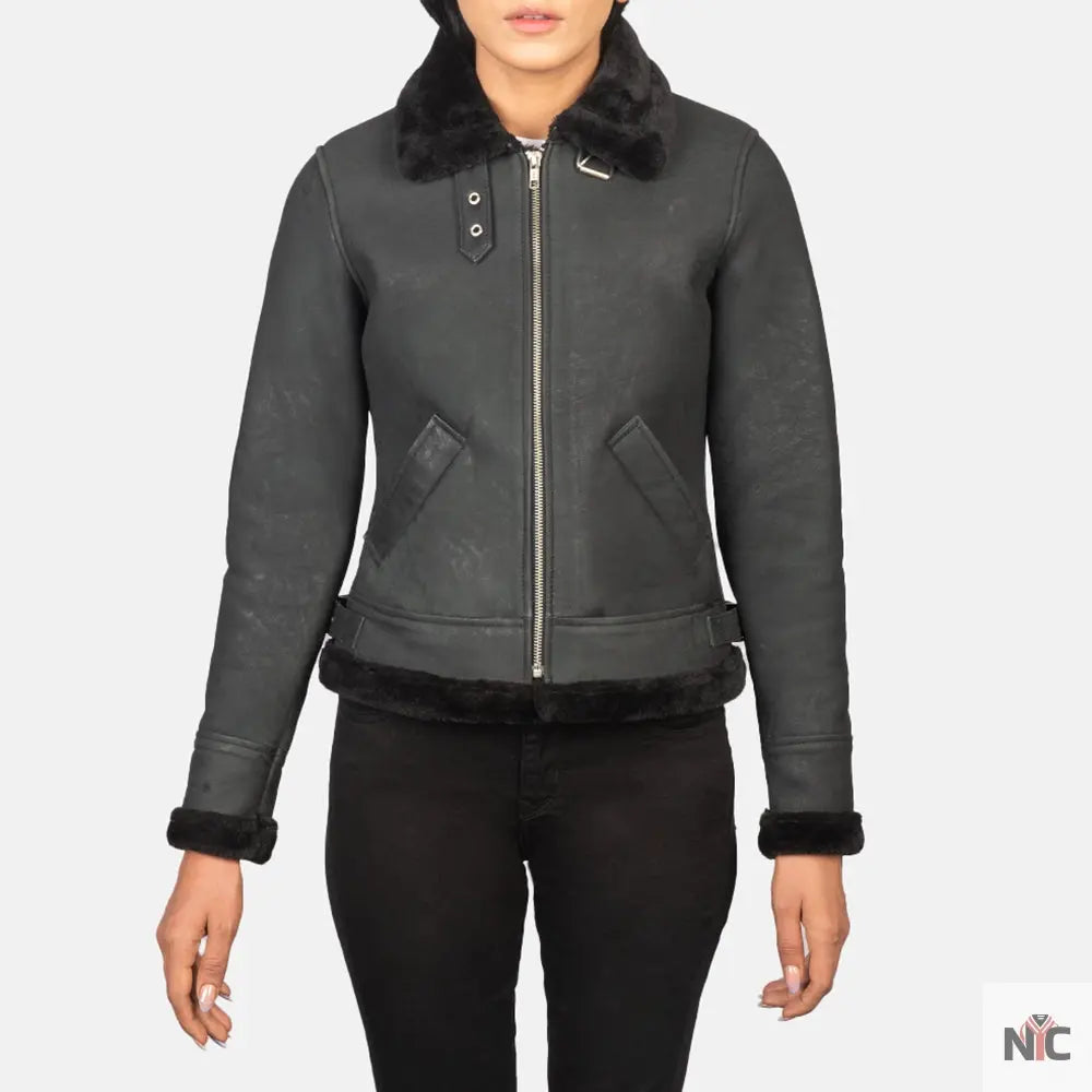 Sherilyn B-3 Distressed Black Leather Bomber Jacket Clanton Jacket