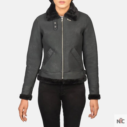 Sherilyn B-3 Distressed Black Leather Bomber Jacket Clanton Jacket