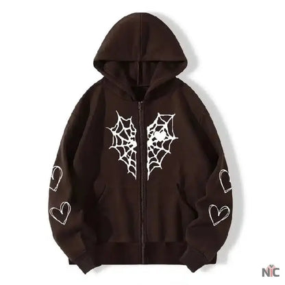 Sp5der Zipper Web & Heart Print Hoodie Brown Clanton Jacket