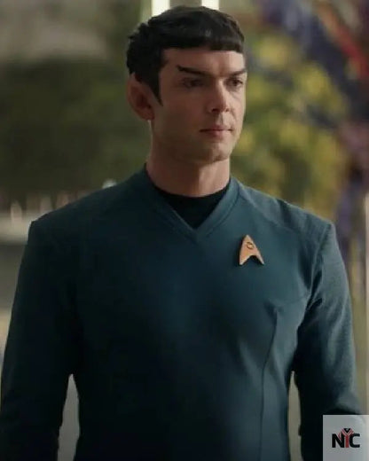 Star Trek Strange New Worlds Ethan Peck Blue Shirt Clanton Jacket