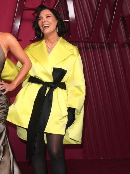 Kris Jenner The Kardashians Season 8 Yellow Satin Wrap Coat - front view