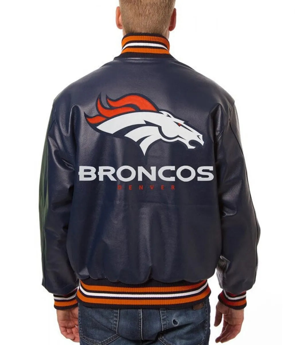 Varsity Denver Broncos Navy Blue Leather Jacket - back view