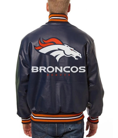 Varsity Denver Broncos Navy Blue Leather Jacket - back view