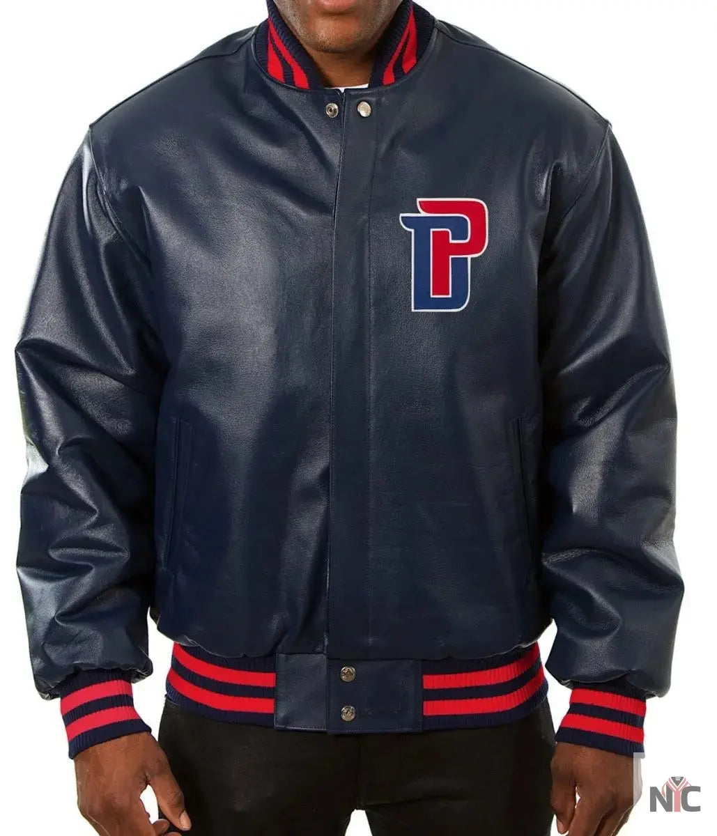 Varsity Detroit Pistons Navy Blue Leather Jacket Clanton Jacket