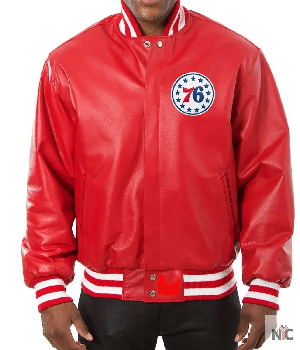 Varsity Philadelphia 76ers Red Leather Jacket Clanton Jacket