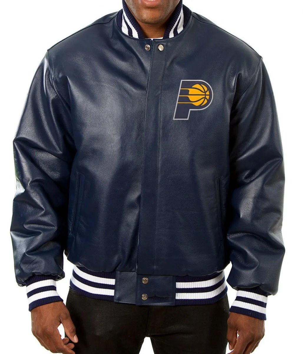 Varsity Indiana Pacers Navy Blue Leather Jacket