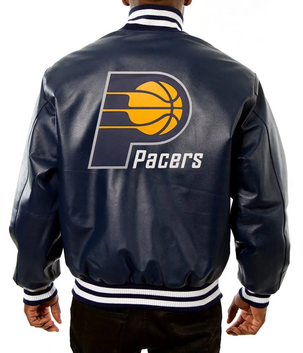 Varsity Indiana Pacers Navy Blue Leather Jacket
