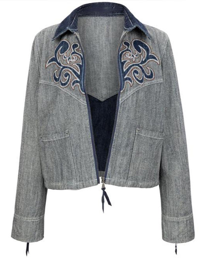 Brynn Godenir Heartland Season 20 Blue Printed Cotton Jacket - side view