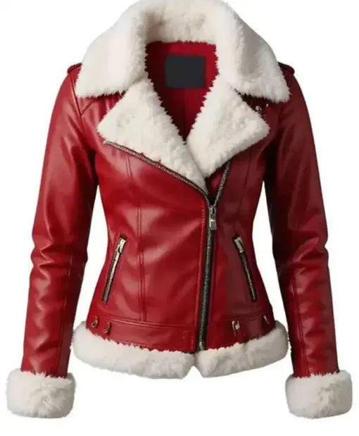 Women Merry Christmas Red Shearling Leather Jacket