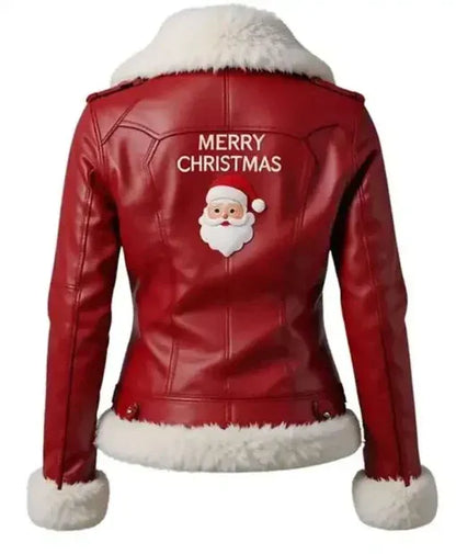 Women Merry Christmas Red Shearling Leather Jacket