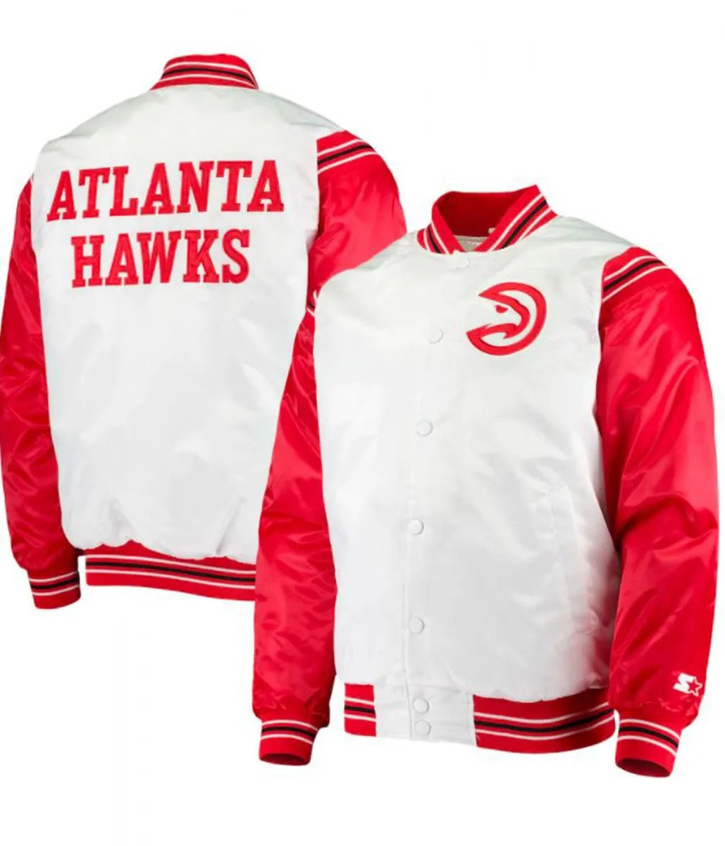 Atlanta Hawks Bomber Red and White Satin Jacket - detail view