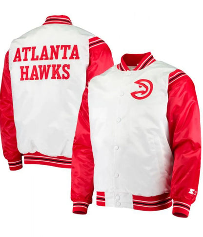 Atlanta Hawks Bomber Red and White Satin Jacket - detail view