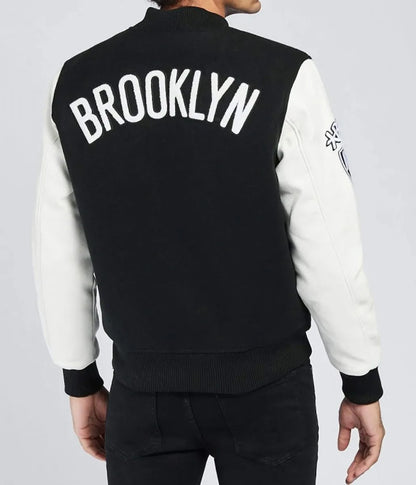 Brooklyn Nets Logo Black and White Letterman Jacket - back view