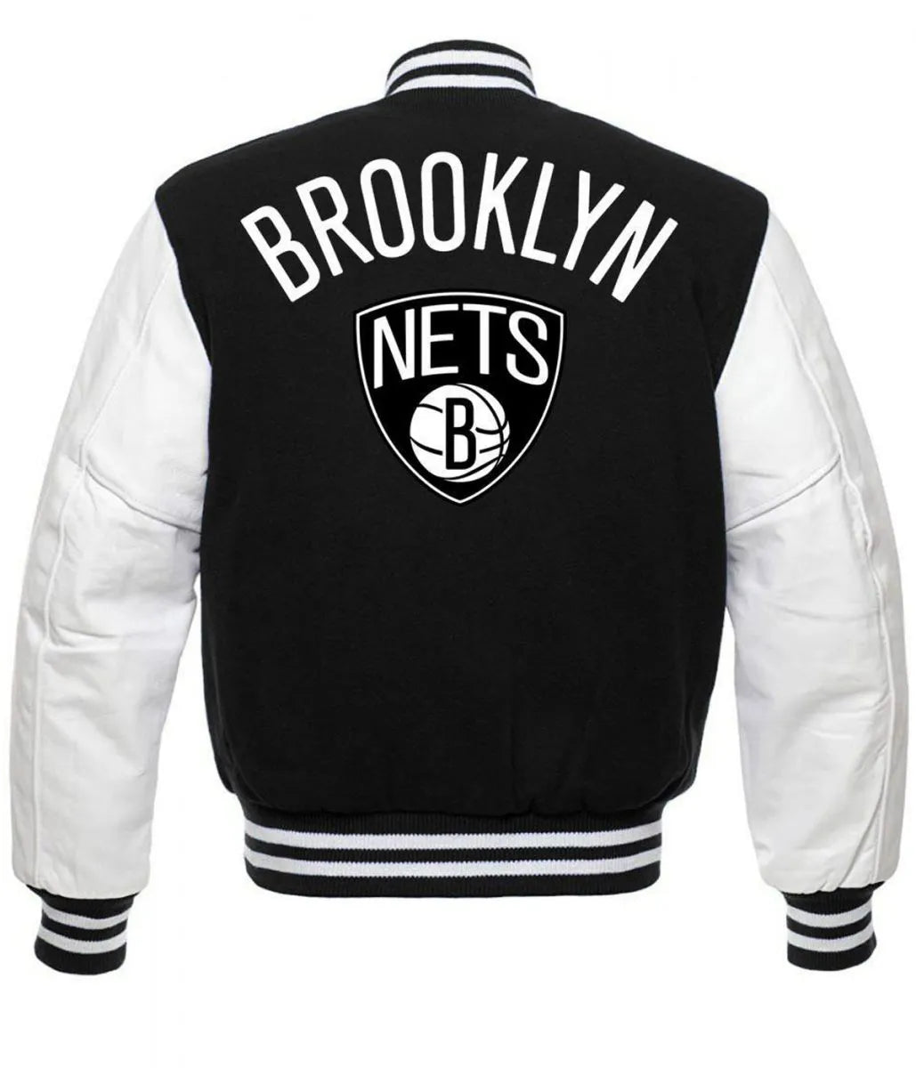 NBA Brooklyn Nets Letterman Black and White Jacket - back view