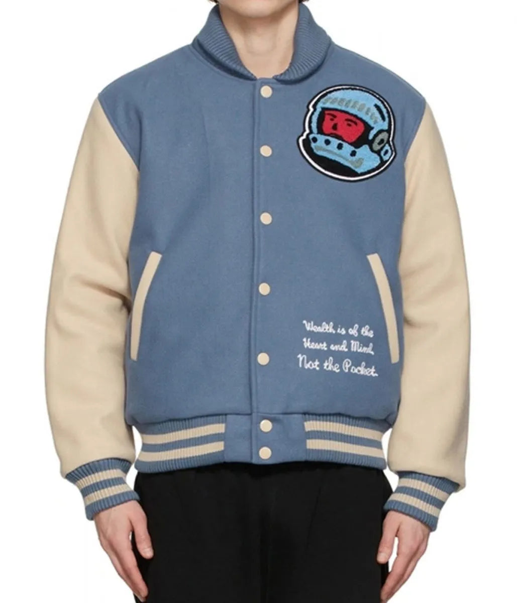 BBC Cafeteria Blue and Off White Letterman Jacket - side view