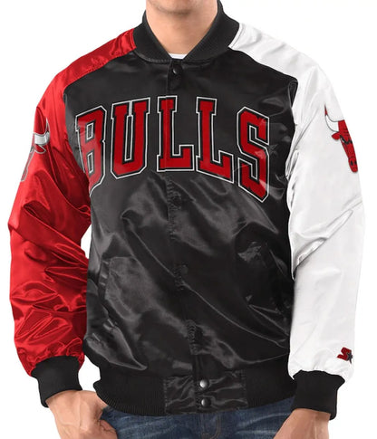 Tri Color Chicago Bulls Varsity Satin Jacket - side view