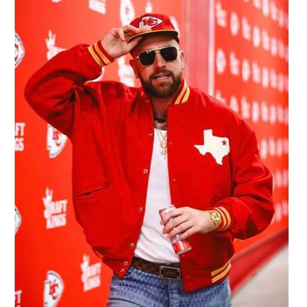Travis Kelce Dallas Texans Red Varsity Wool Jacket - detail view