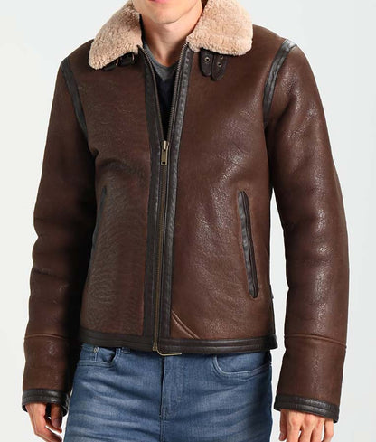 Men's dark brown aviator leather jacket front view