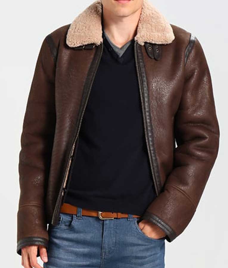 Men's dark brown aviator shearling leather jacket detail