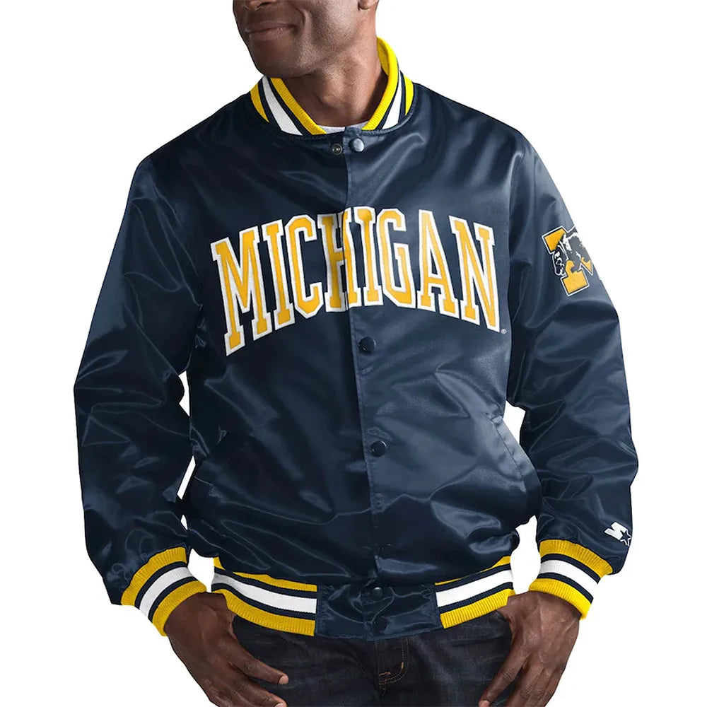 Michigan Wolverines O Line Navy Blue Satin Jacket - detail view
