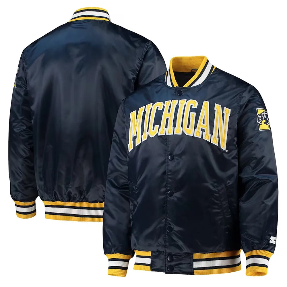 Michigan Wolverines O Line Navy Blue Satin Jacket - side view
