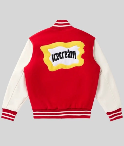 Mr. Me Too Varsity Jacket back view with large appliqué patch on red wool