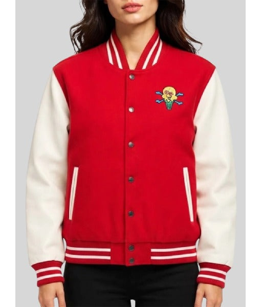 Women's Mr. Me Too red and white varsity jacket worn front view with snap-button closure