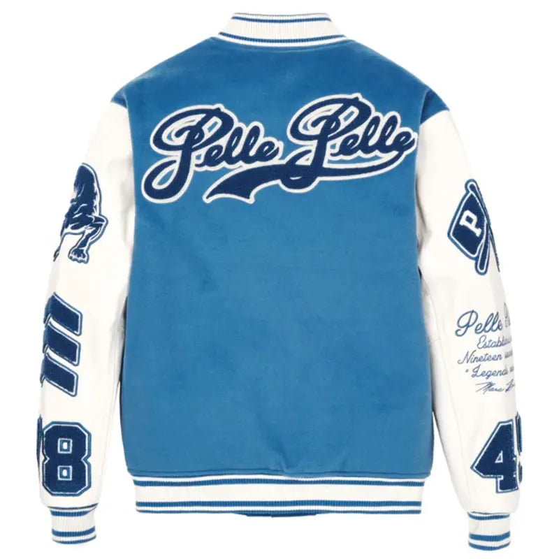 Pelle Pelle Blue and White Varsity Jacket - back view