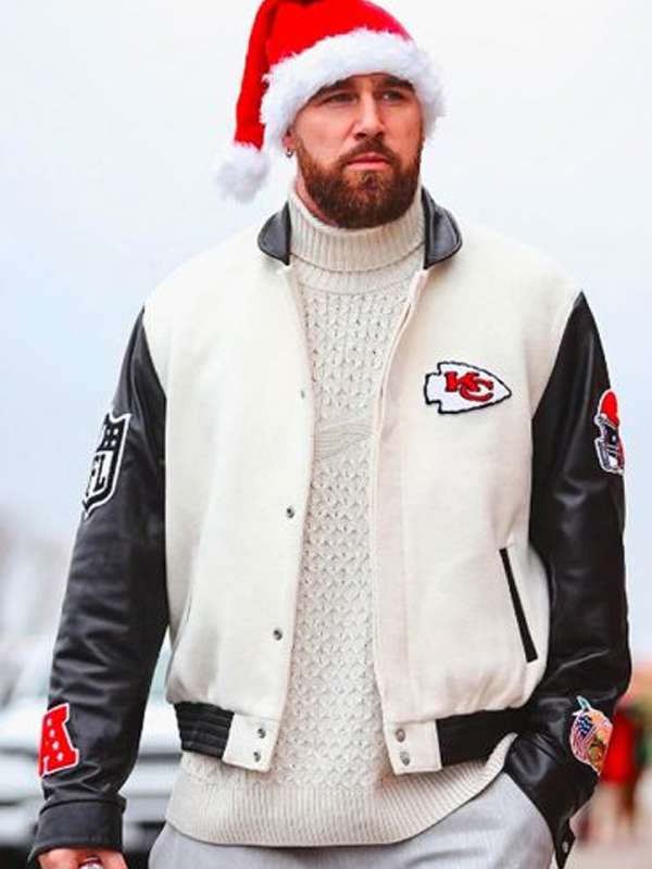 Travis Kelce Black and White Varsity Jacket - side view