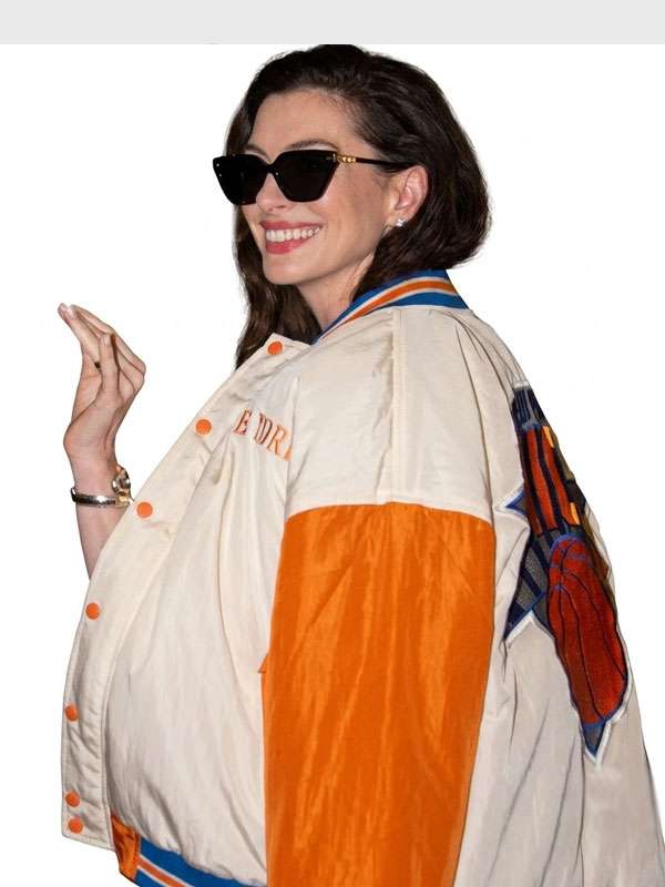 Anne Hathaway Knicks Varsity Jacket - side view