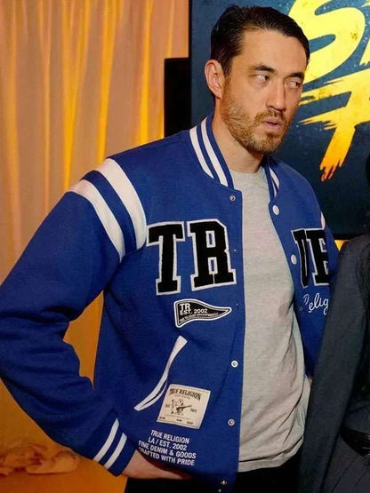 Street Fighter Andrew Koji Blue Varsity Jacket - side view