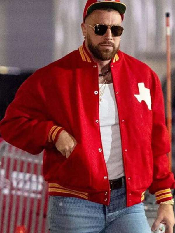 Travis Kelce Red Varsity Jacket - back view